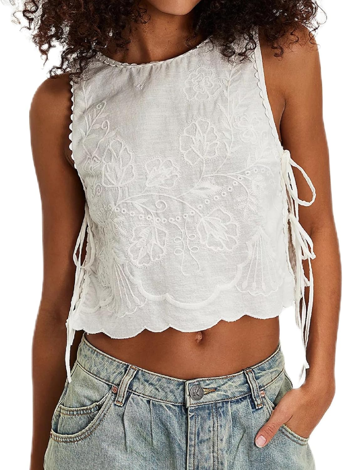 Women Side Tie Tank Top Y2k Floral Embroidery Crop Vest Sleeveless Flower Embroidered Babydoll Blouse