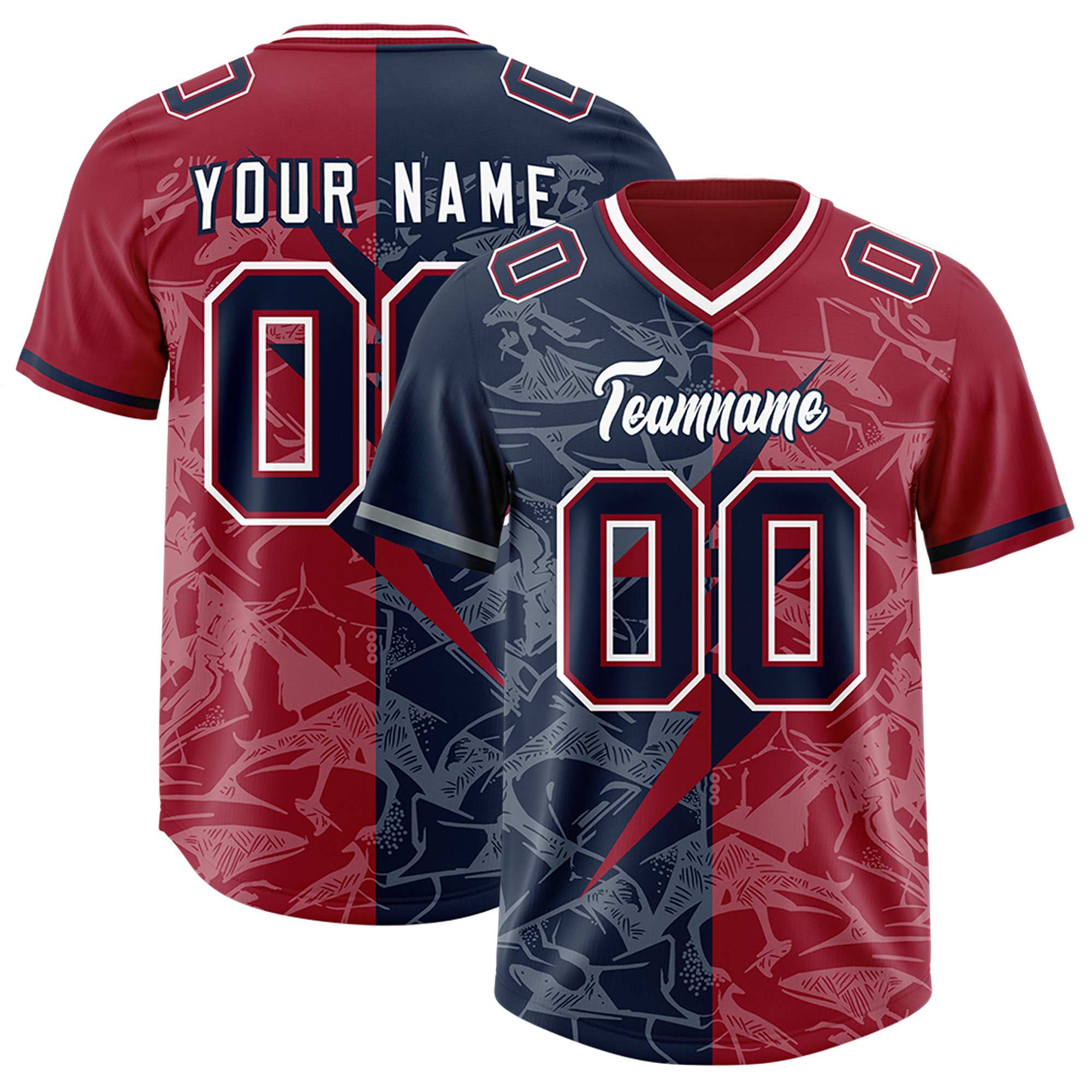 Benutzerdefiniertes Navy Cardinal Split-Fußballtrikot mit personalisiertem Blitzmuster