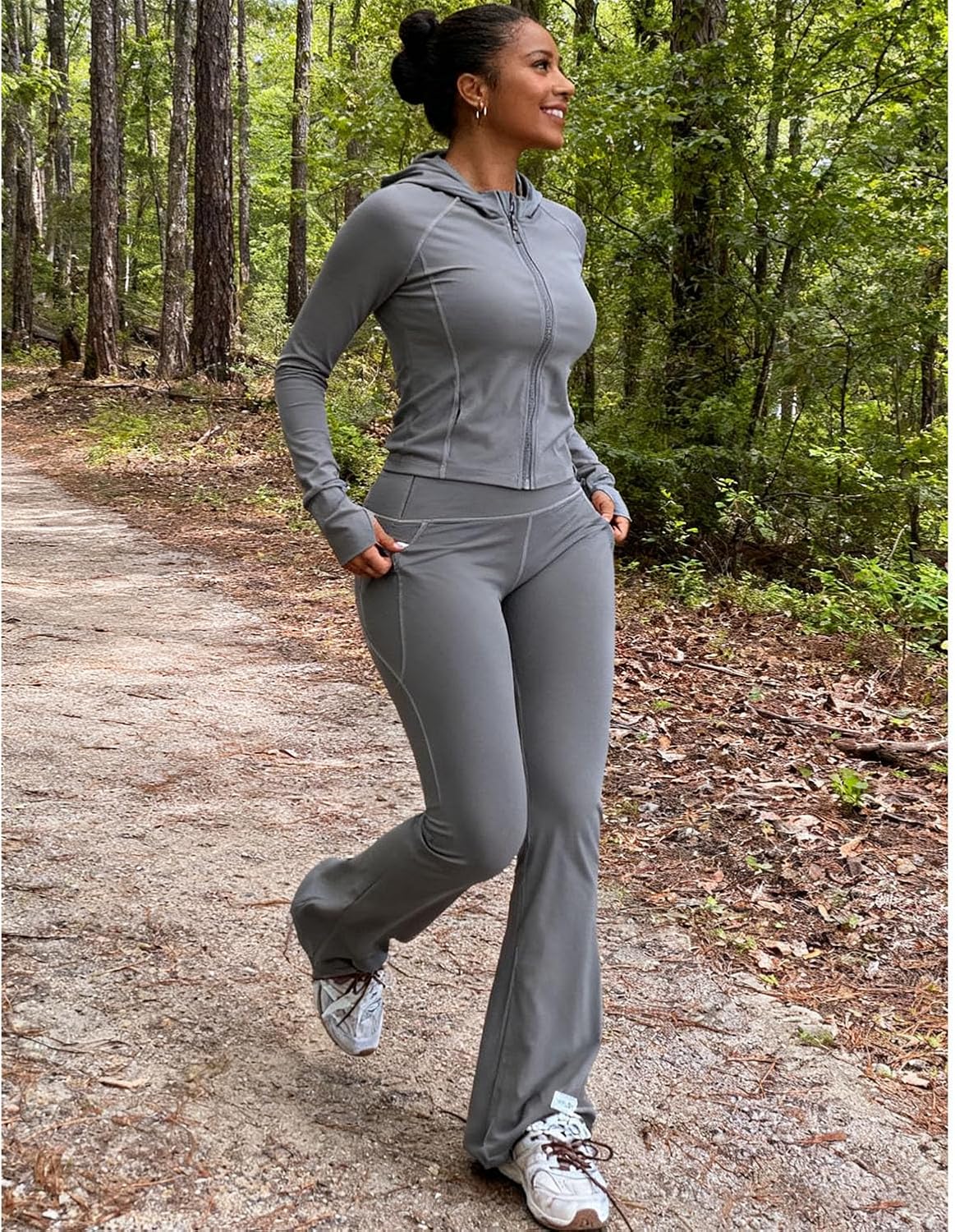 Women 2 Piece Workout Sets Long Sleeve Jacket Flare Yoga Pants Sets Tracksuit With Pockets