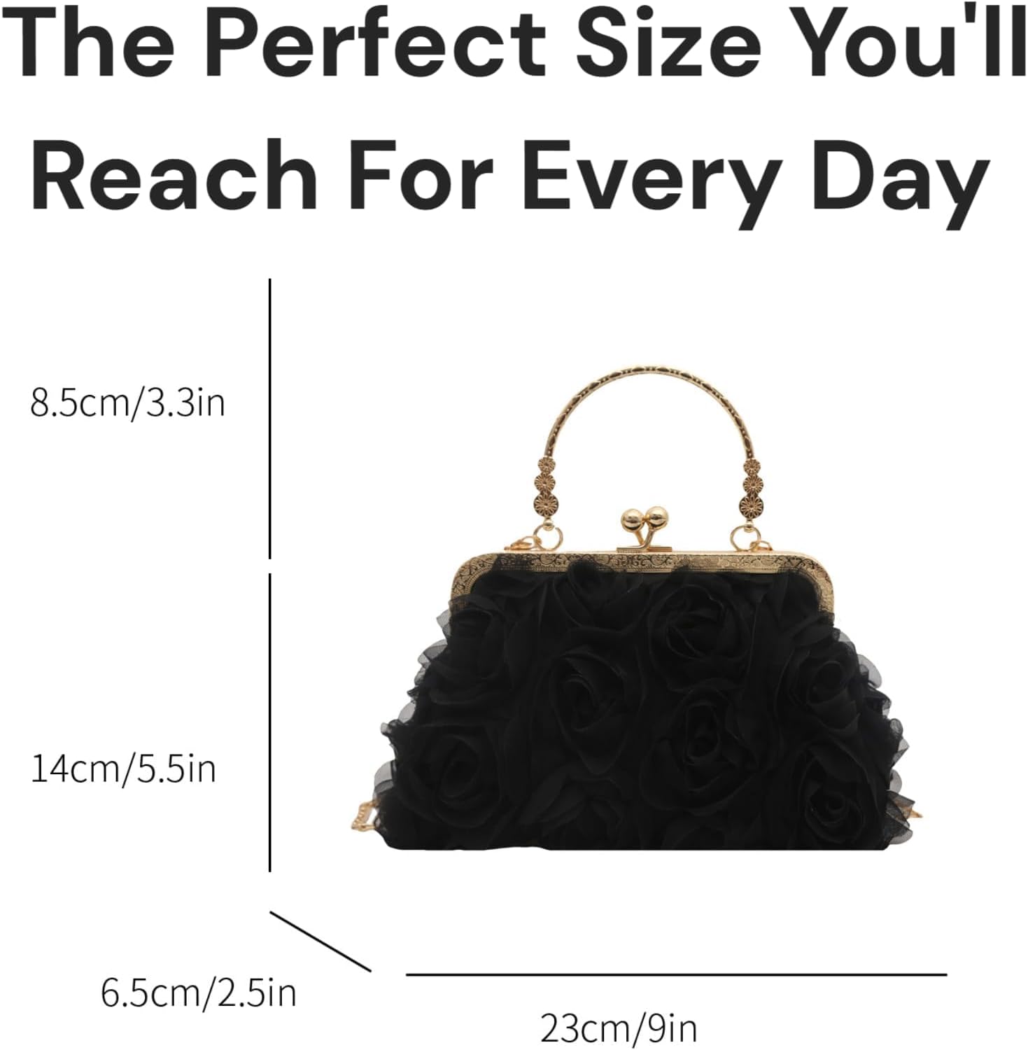 Women's Black Floral Kiss Lock Clutch with Gold Chain