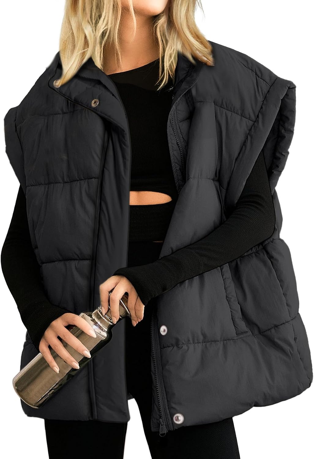 Women's Puffer Vest Stand Collar Snap Front Padded Jacket