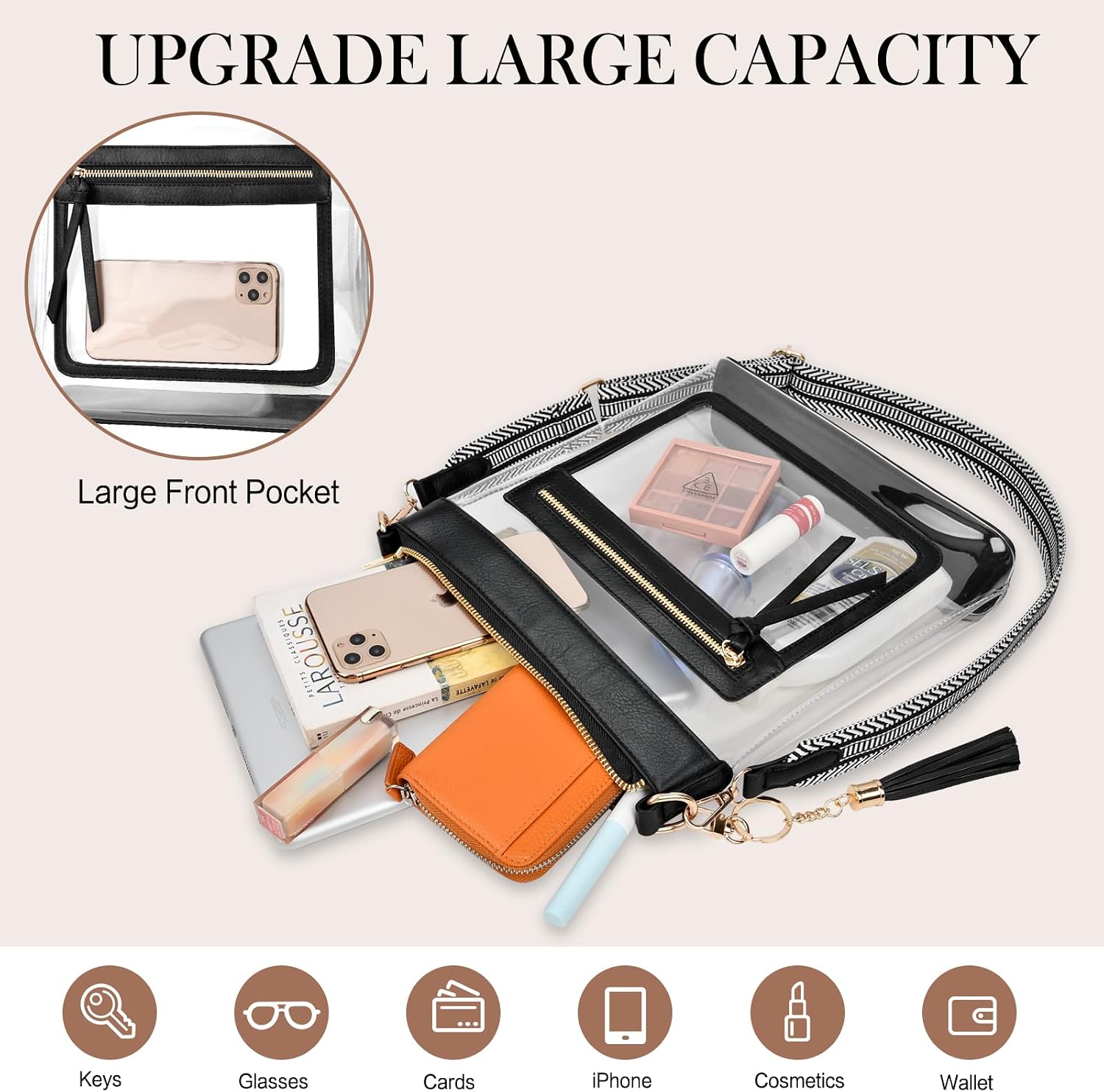 Women's Clear PVC Stadium Crossbody Bag Black Trim