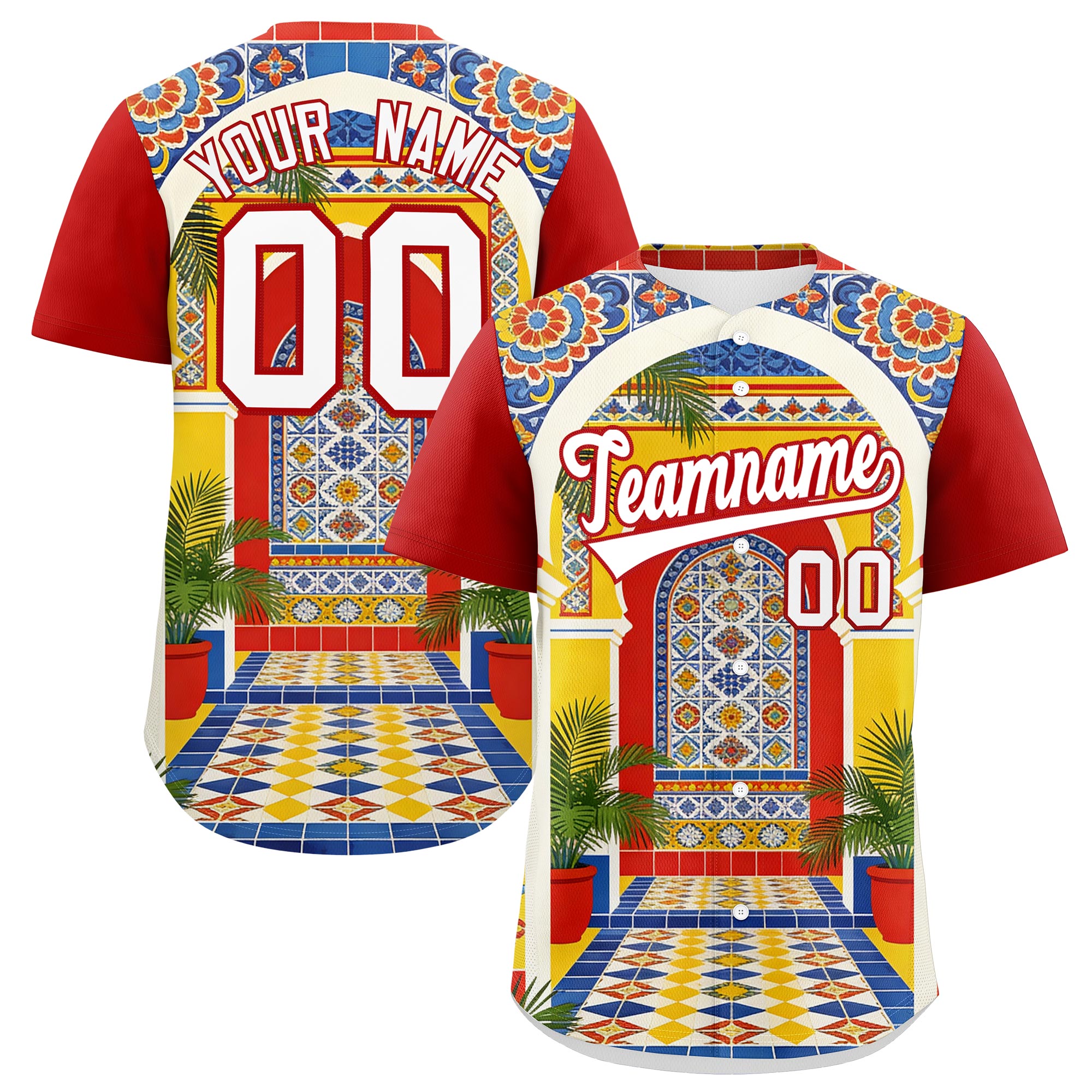 Benutzerdefiniertes Baseball-Trikot aus Stretchstoff mit Graffiti-Muster im mexikanischen Stil Benutzerdefiniertes Baseball-Trikot aus Stretchstoff mit Graffiti-Muster im mexikanischen Stil