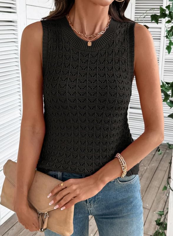 Women's Black Crochet Sleeveless Knit Tank