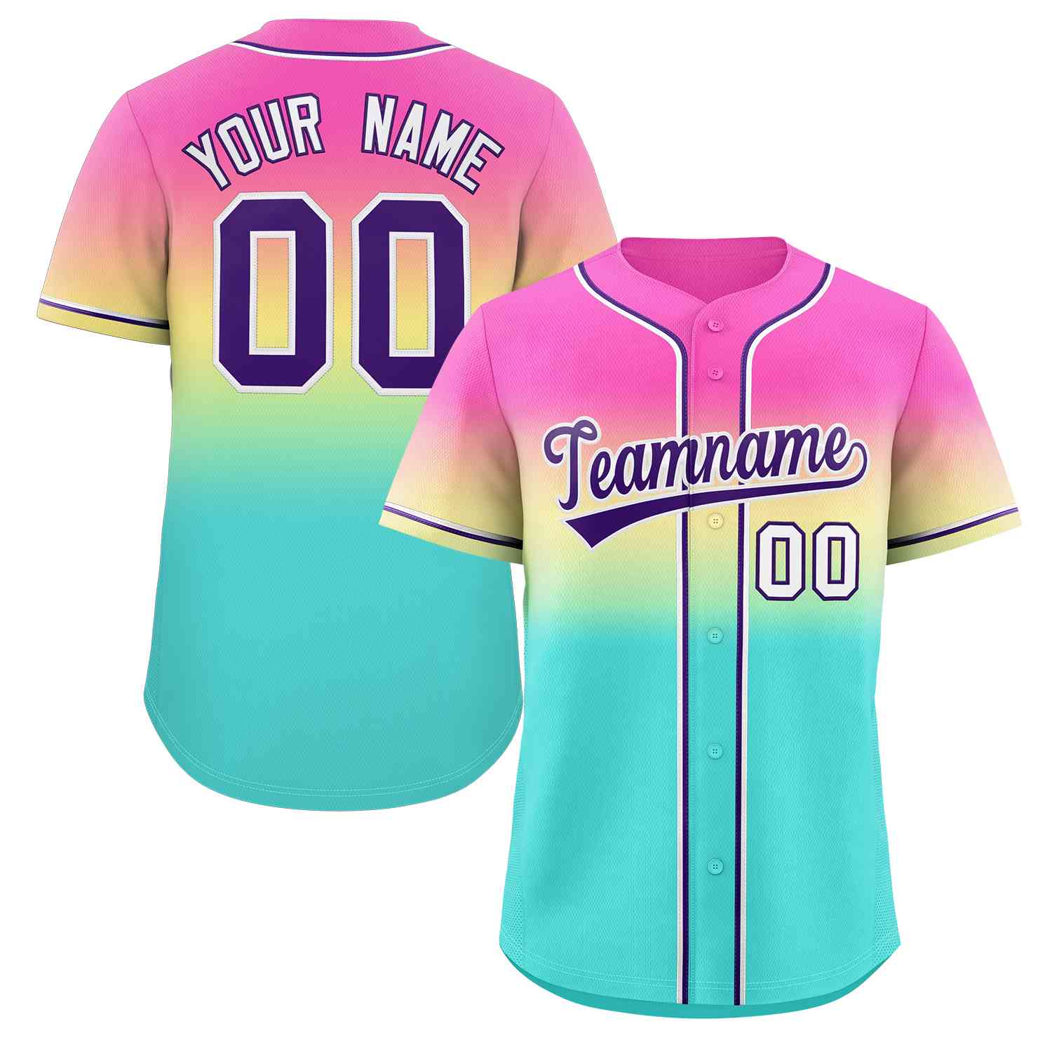 Benutzerdefiniertes, modisches, authentisches Baseball-Trikot in Rosa, Aqua, Lila und Weiß mit Farbverlauf