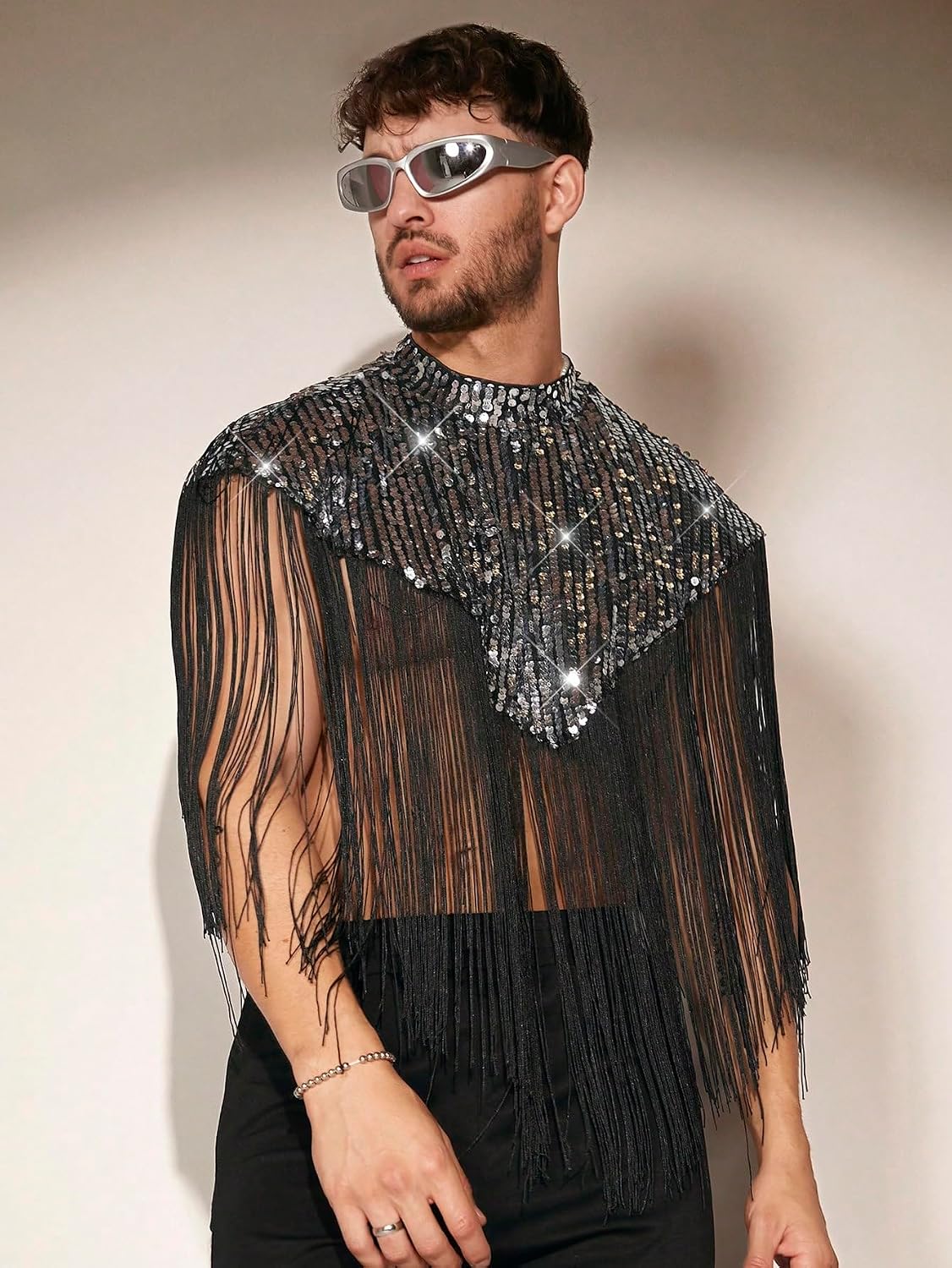 Men's Sequin Fringe Mock Neck Vest Top Black