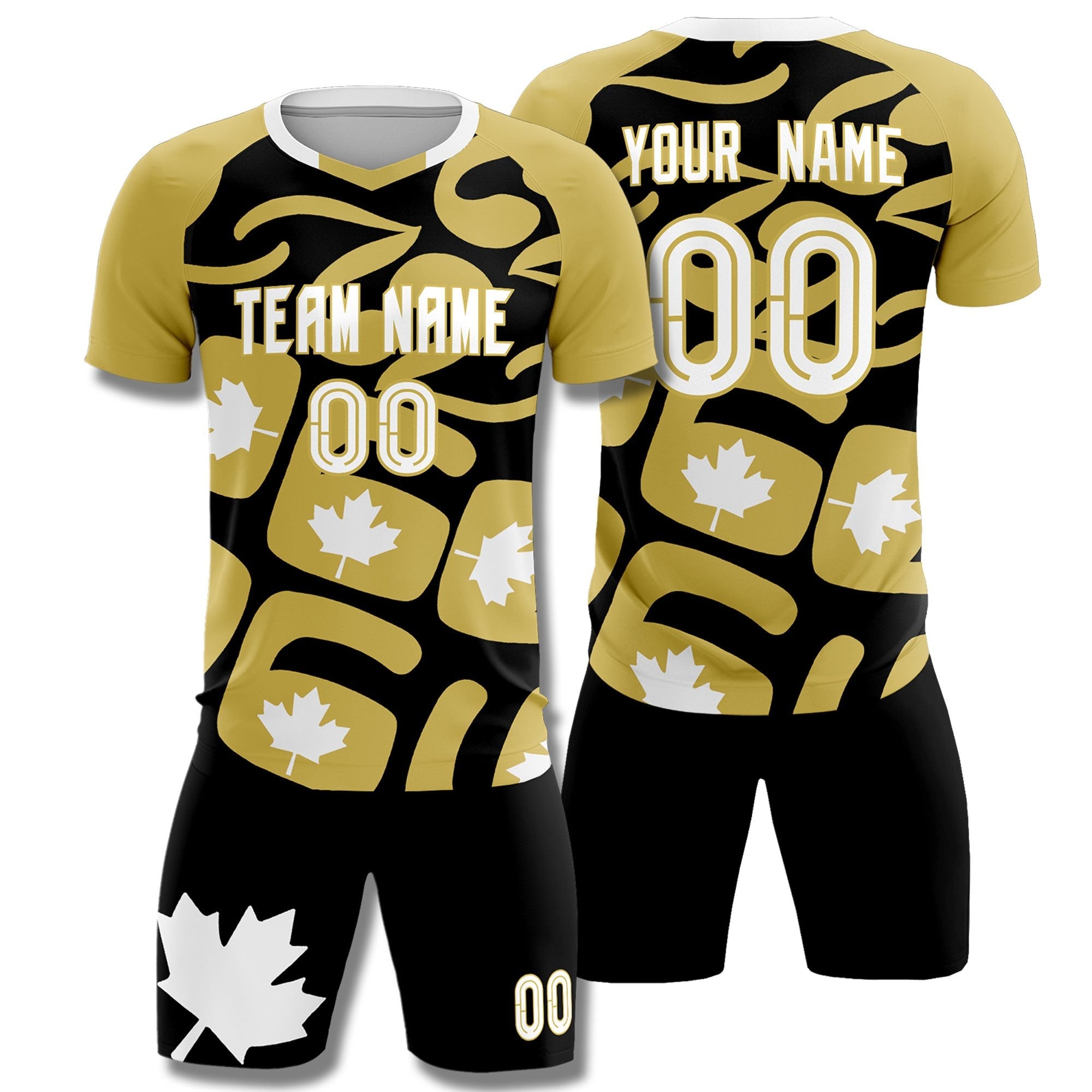 Benutzerdefinierte alte Gold-Schwarz-Kanada-Ahornblätter-WM-inspirierte drapierbare Graffiti-Muster-Fußball-Sets-Trikot