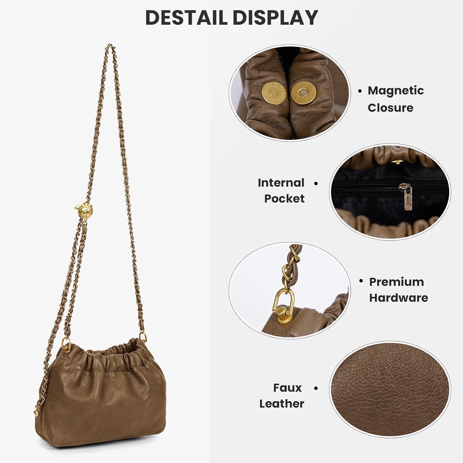Women's Faux Leather Drawstring Bucket Bag with Chain Strap