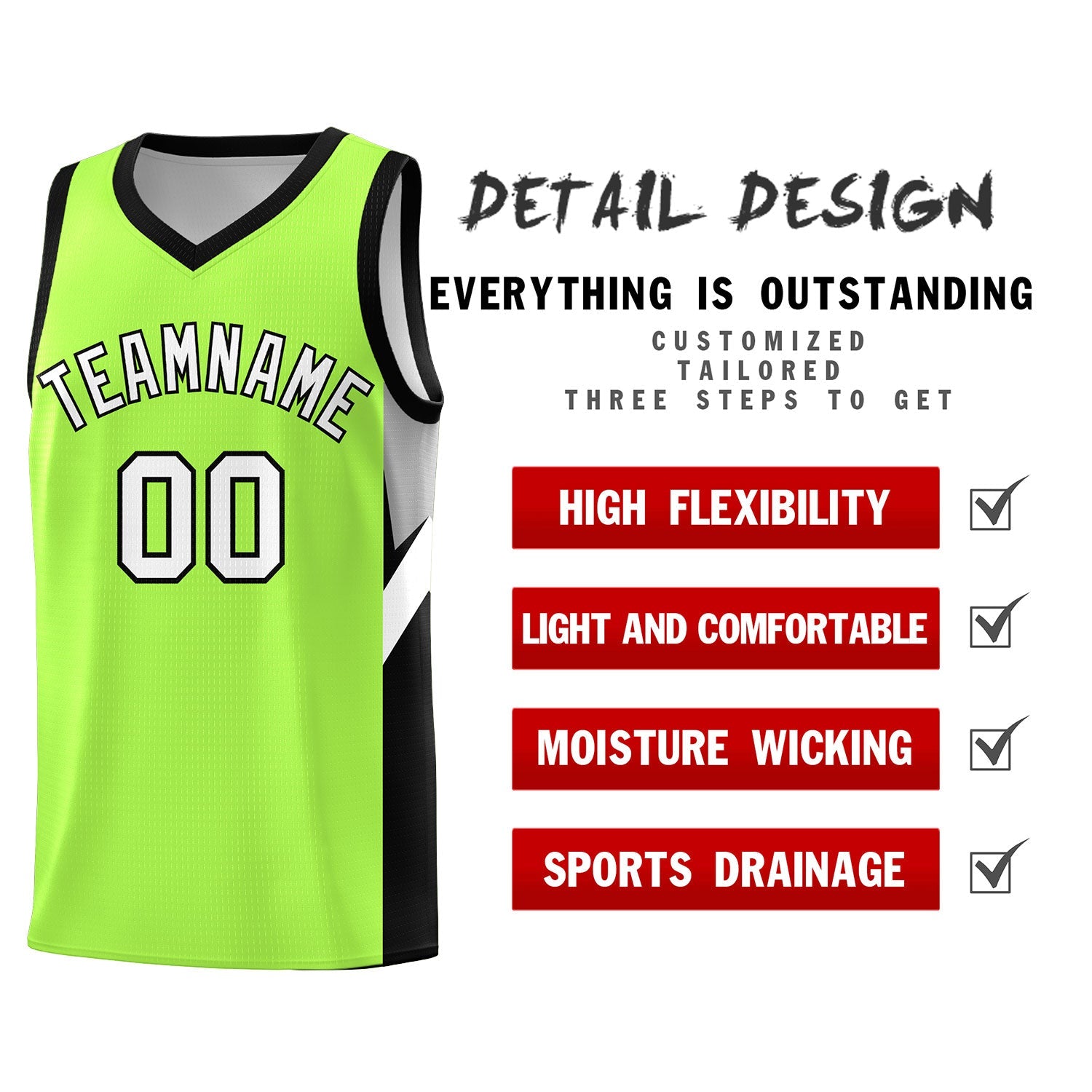 Benutzerdefinierte fluoreszierende grün-schwarze Seitendesign-Sets für Sportuniform-Basketballtrikots