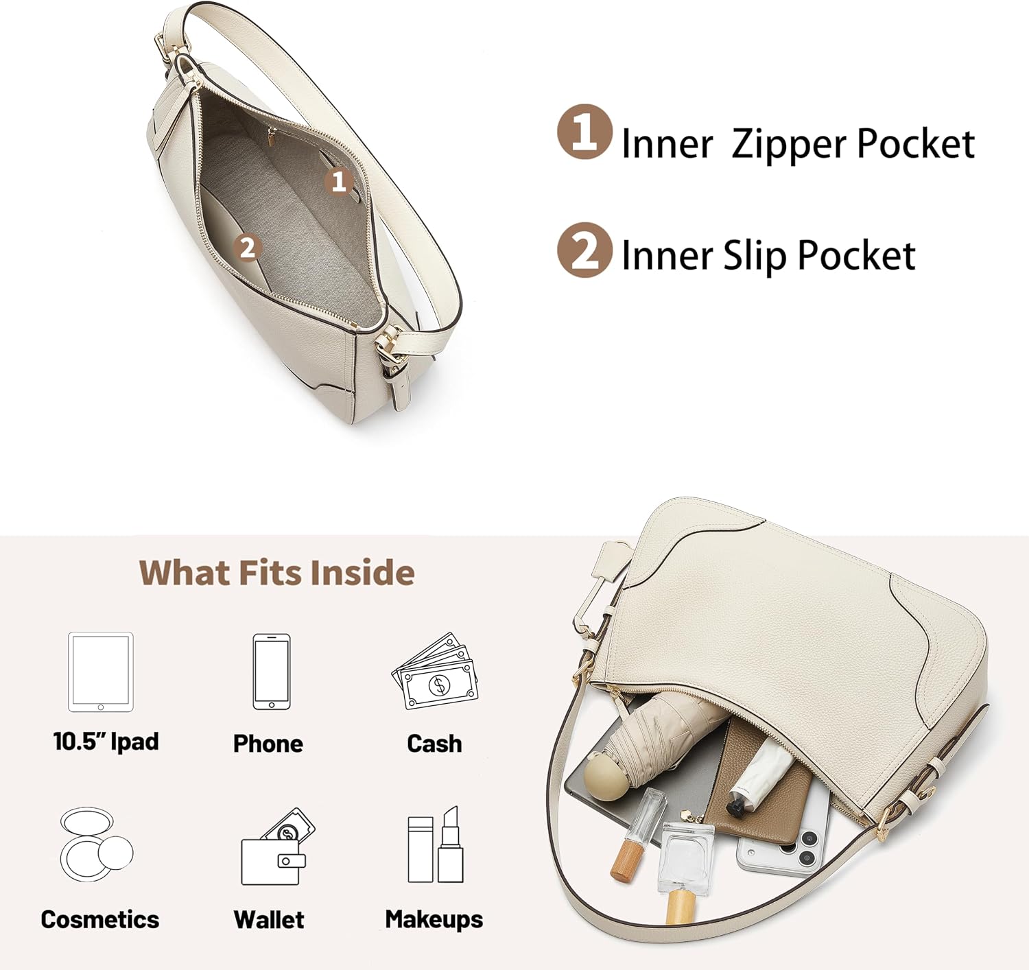 Women's Genuine Leather Pebbled Hobo Shoulder Bag Ivory Women's Genuine Leather Pebbled Hobo Shoulder Bag Ivory