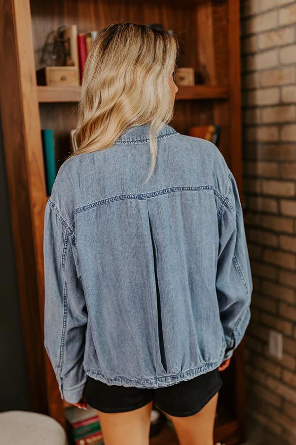 Women's Military Safari Cropped Denim Jackets Button Down Lightweight Oversized Utility Coat with Bellows Pocket