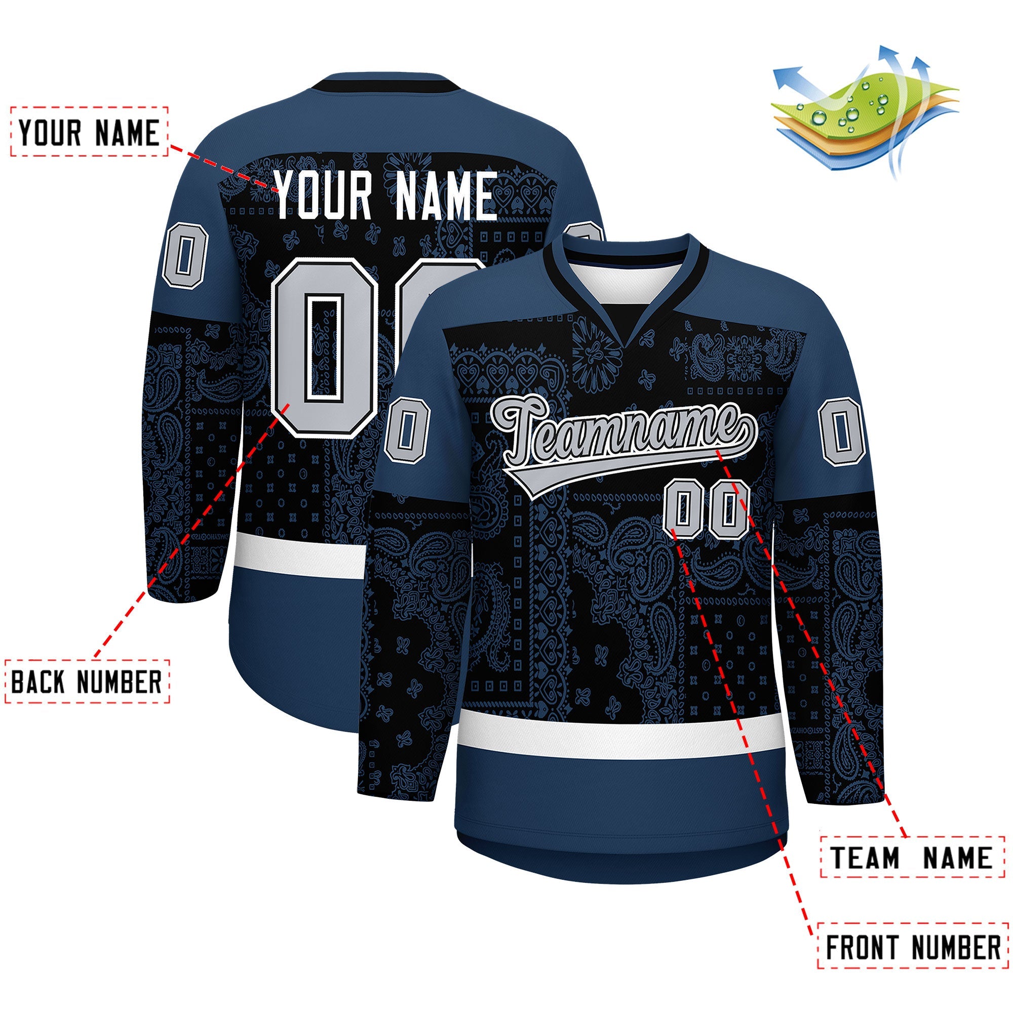 Custom Midnight Blue White Black Cashew Flower Graffiti Pattern V-Neck Hockey Jersey