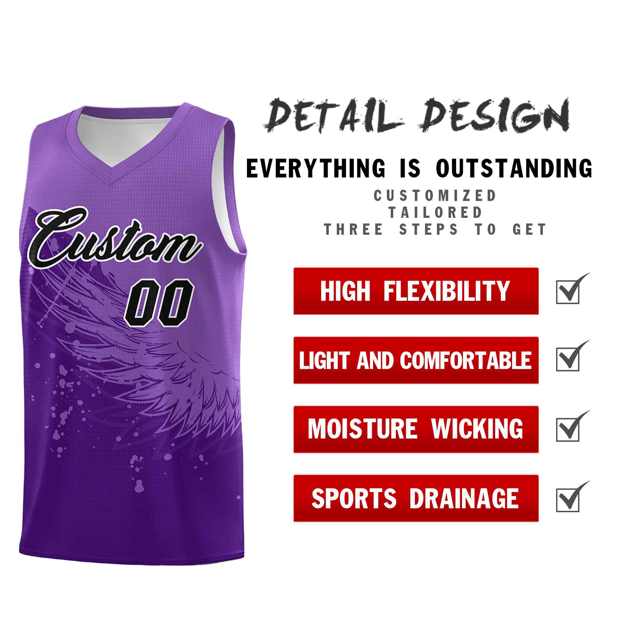 Benutzerdefiniertes lila hellviolettes Flügelmuster-Sportuniform-Basketballtrikot