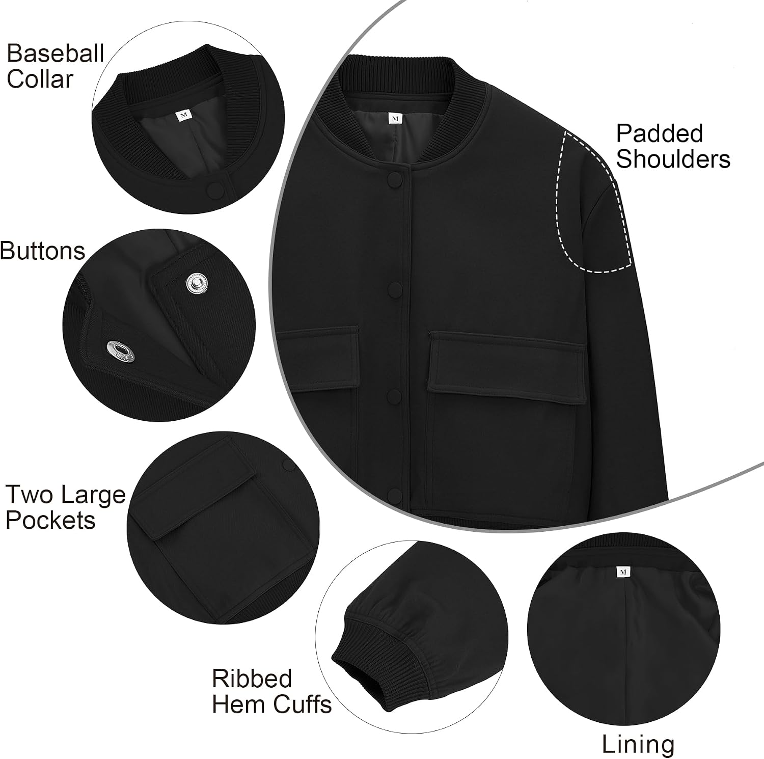 Bomber Jacket Women - Short Cropped Button Down Long Sleeve Casual Varsity Jackets with Pockets