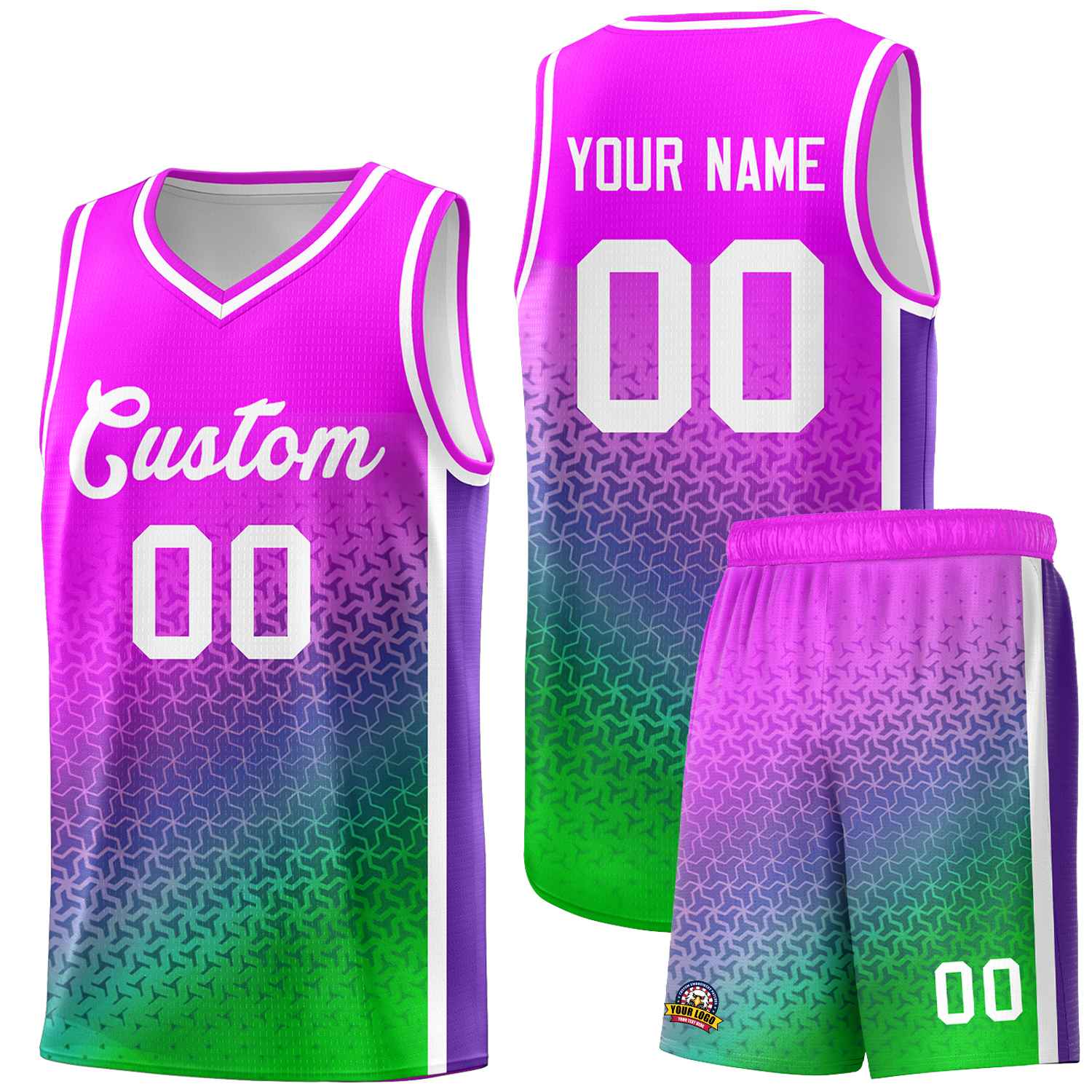 Benutzerdefiniertes Basketball-Trikot mit Farbverlauf in Rosa, Lila und Neongrün mit unregelmäßigen Formen und Mustern für Sportuniformen