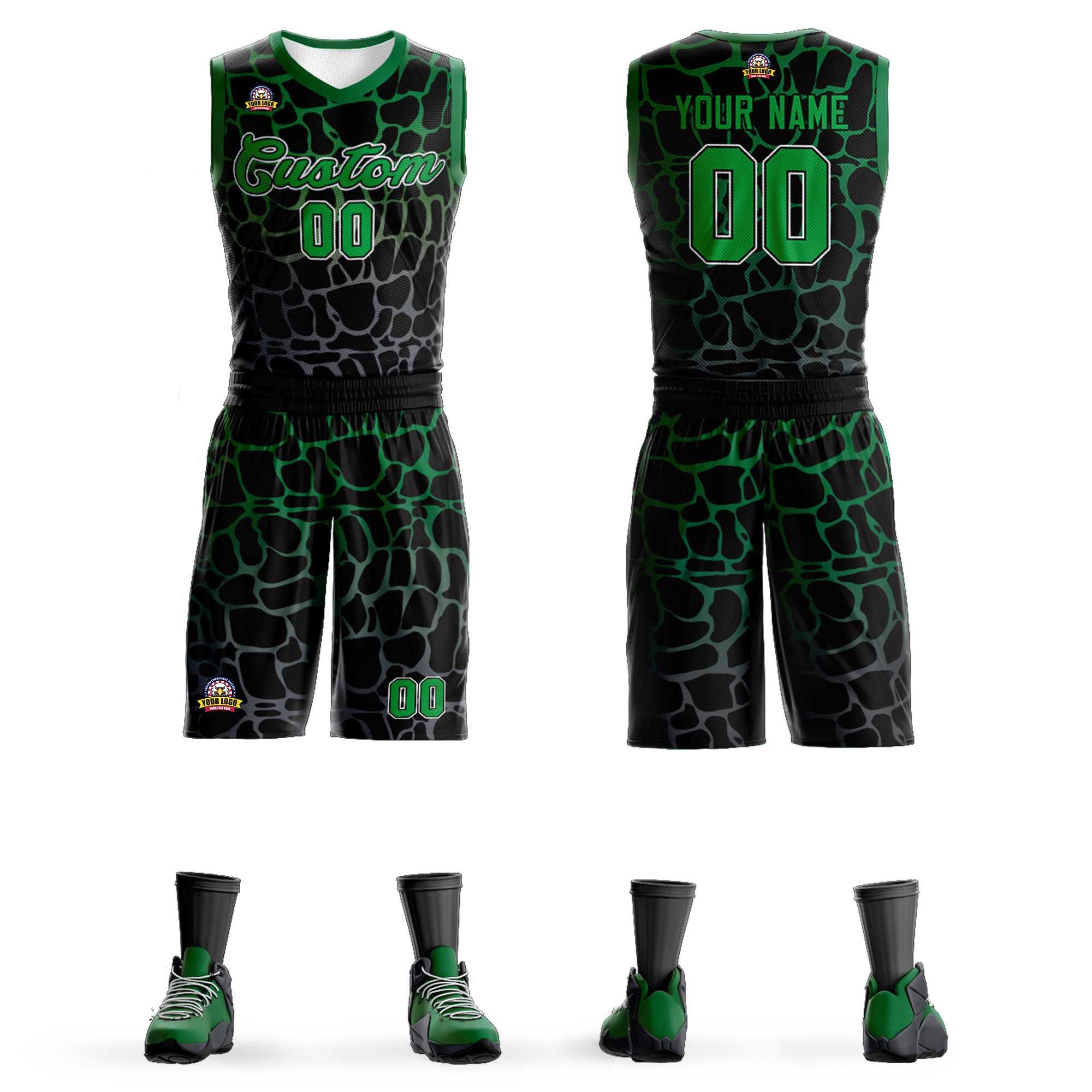 Kundenspezifisches schwarzes Kelly-Basketballtrikot mit grün-grau gepunktetem Graffiti-Muster für Sportuniformen