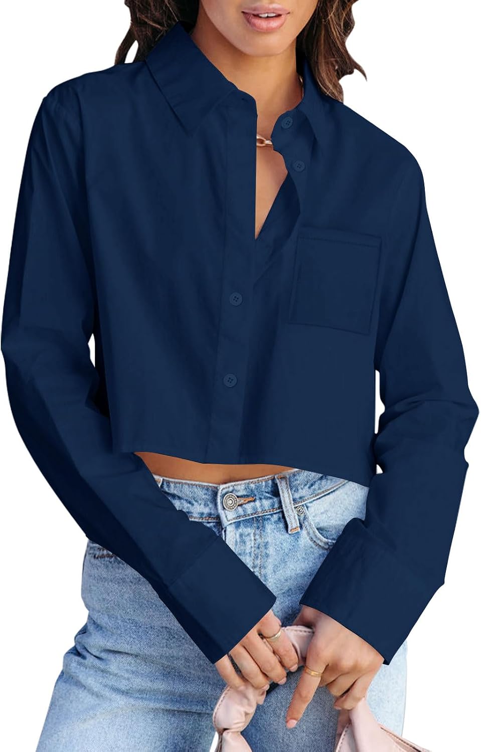 Button Down Shirts for Women Long Sleeve Casual Crop Tops Solid Lapel Blouse Shirt with Pocket