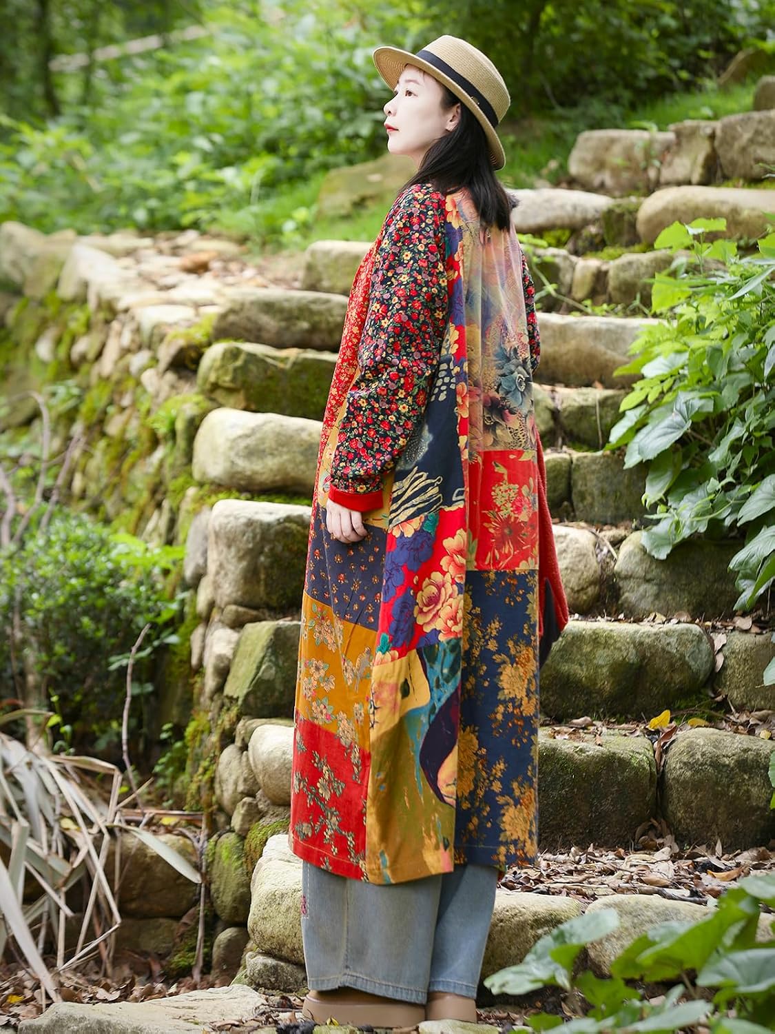 Women\u2018s Patchwork Trench Coat - Floral Cotton Linen Long Jacket Cottagecore Bohemian Outerwear