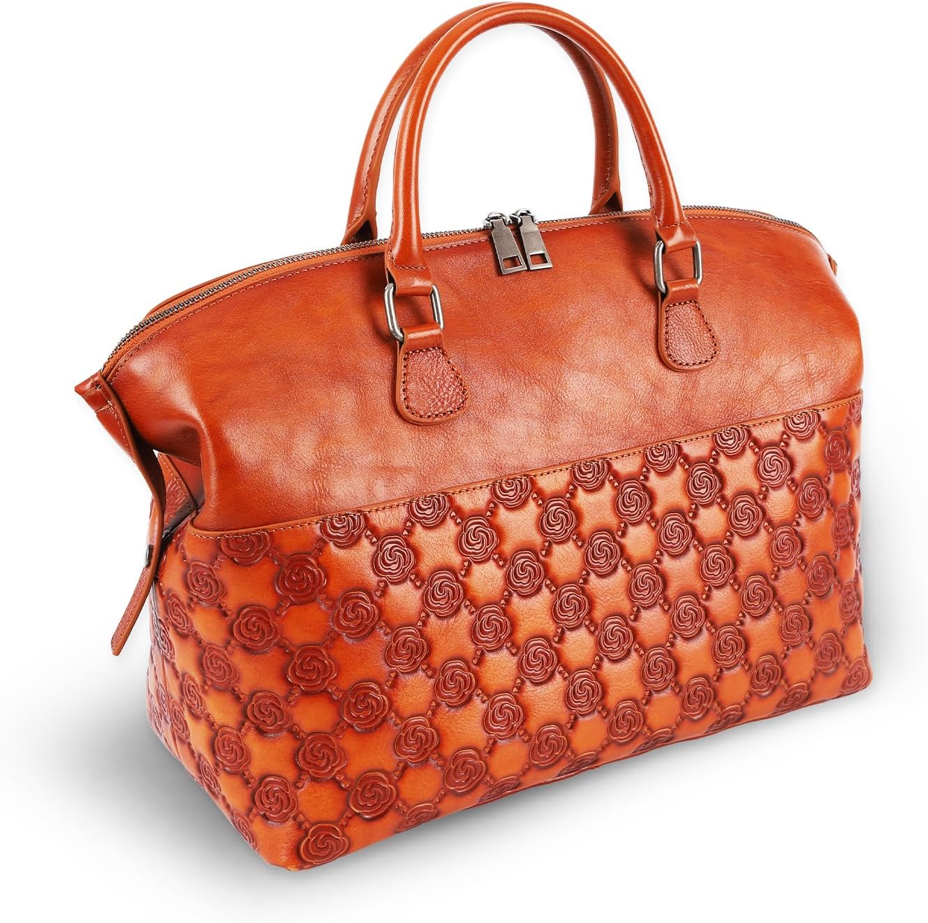 Women's Embossed Genuine Leather Boston Handbag, Brown