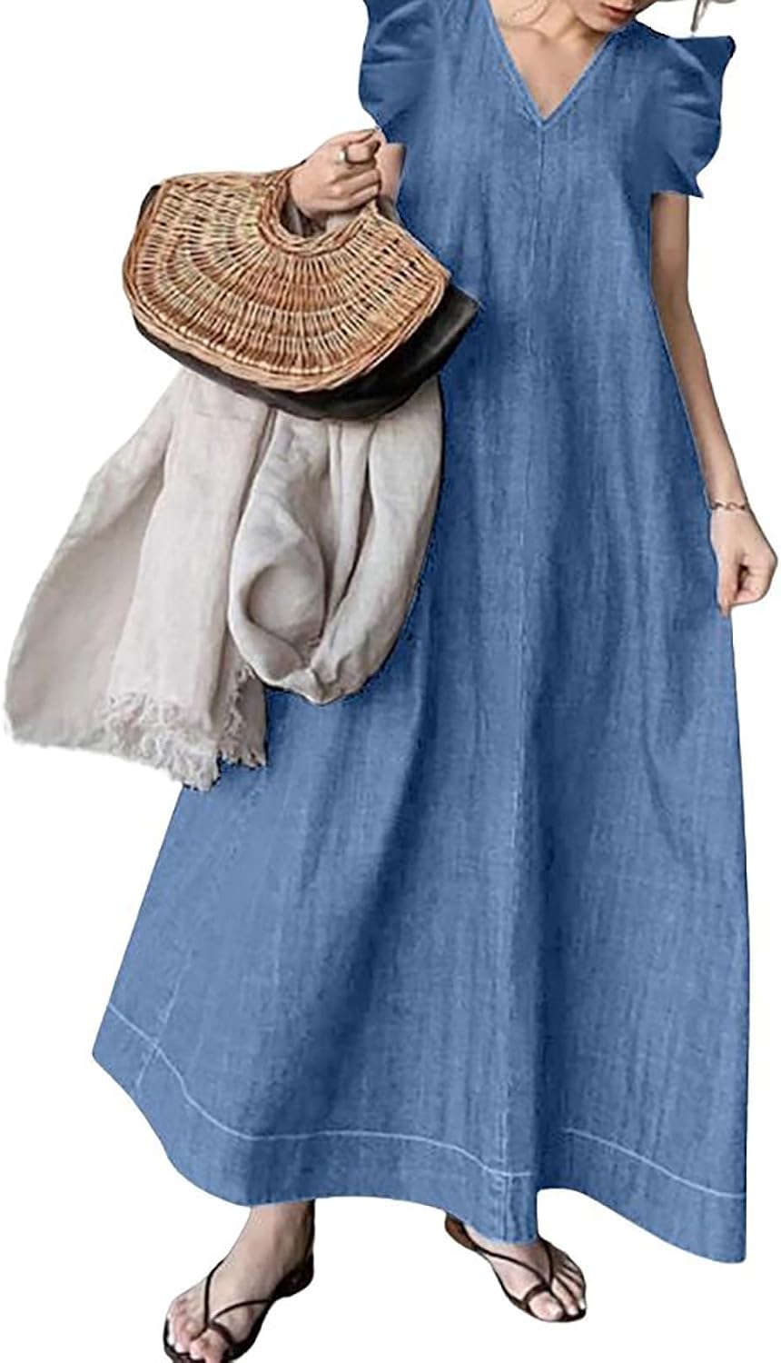 Womens Long Denim Dress Casual Fit Ruffle Sleeveless V-Neck Jean Maxi Dresses for Women