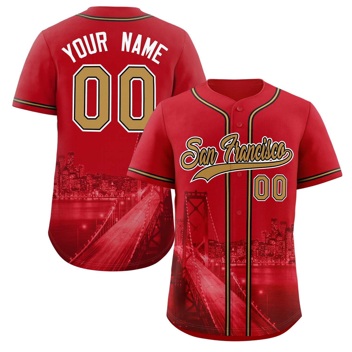 Benutzerdefinierte altgold-schwarze San Francisco City Skyline Baseball-Trikot