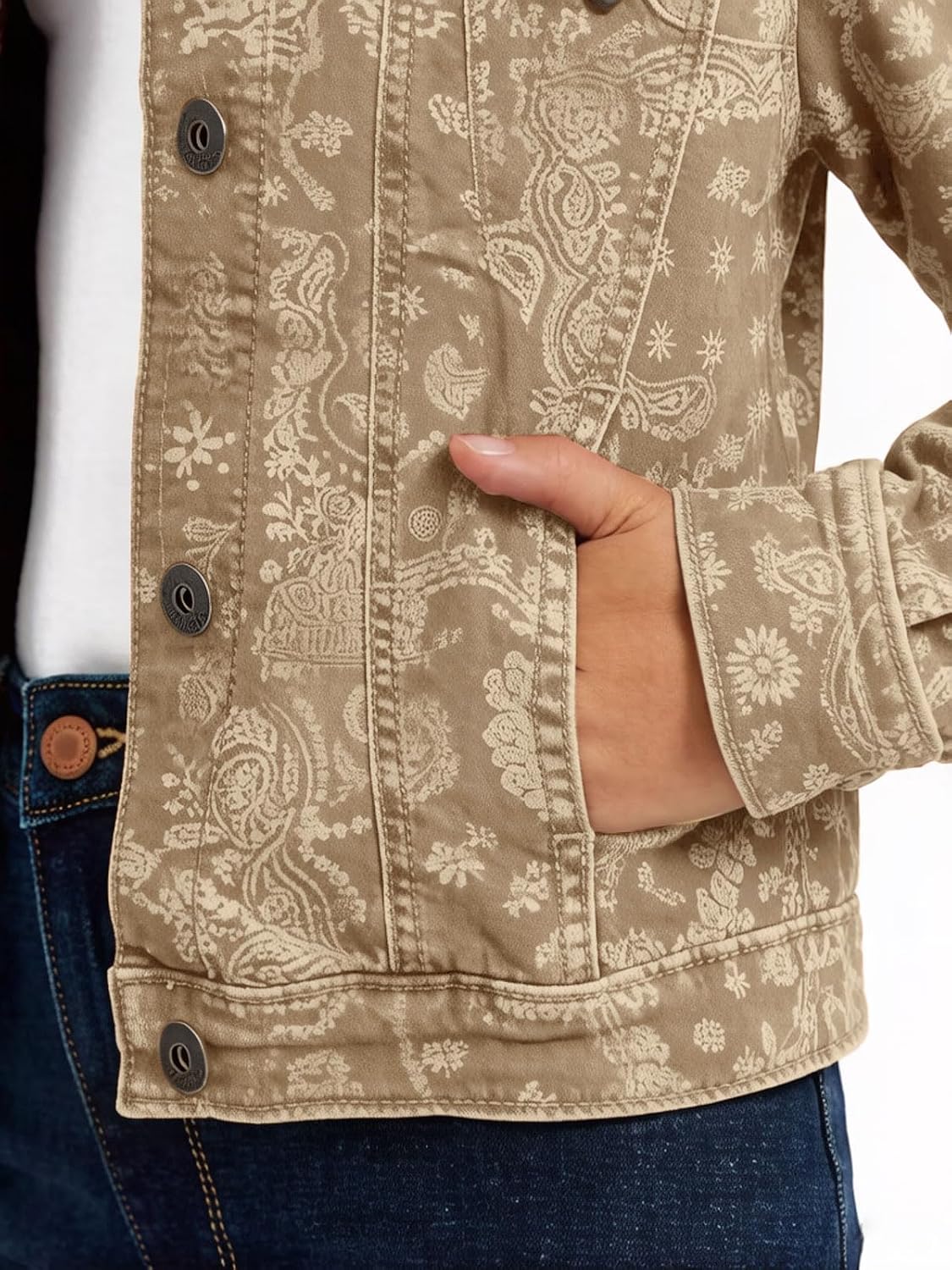 Women Floral Print Jean Jacket Button Down Denim Long Sleeves Boyfriend Baggy Trucker Coat Shacket Retro