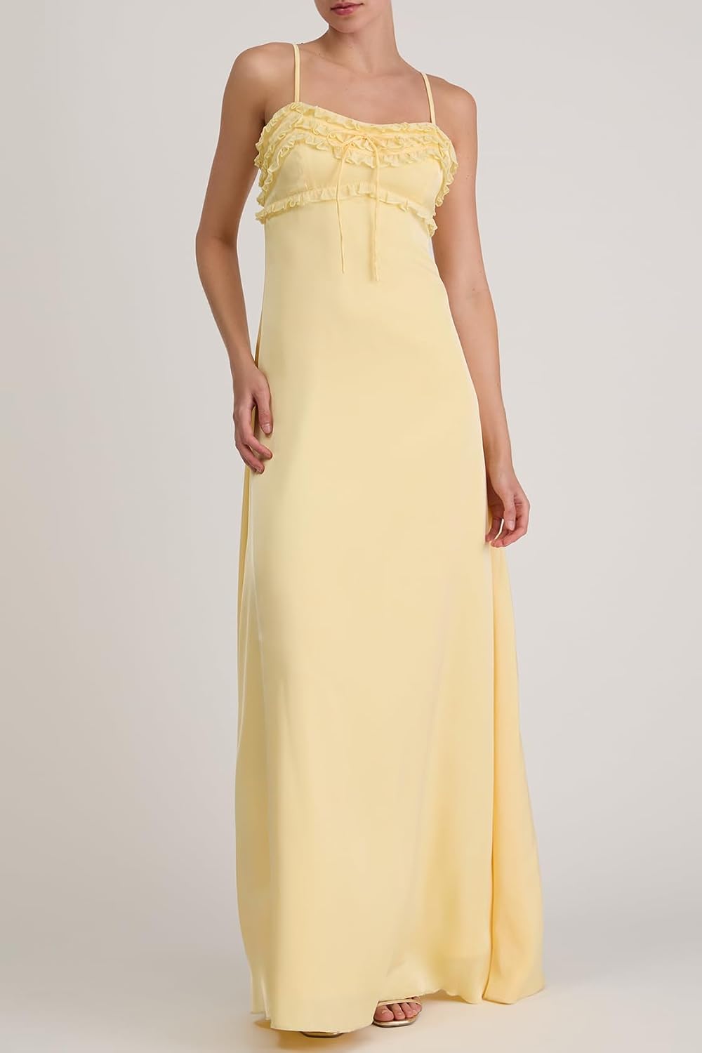 Wisteria Micro Ruffle Maxi Dress Chiffon Adjustable Straps Lace-Up Back Babydoll Column Silhouette Elegant Gown