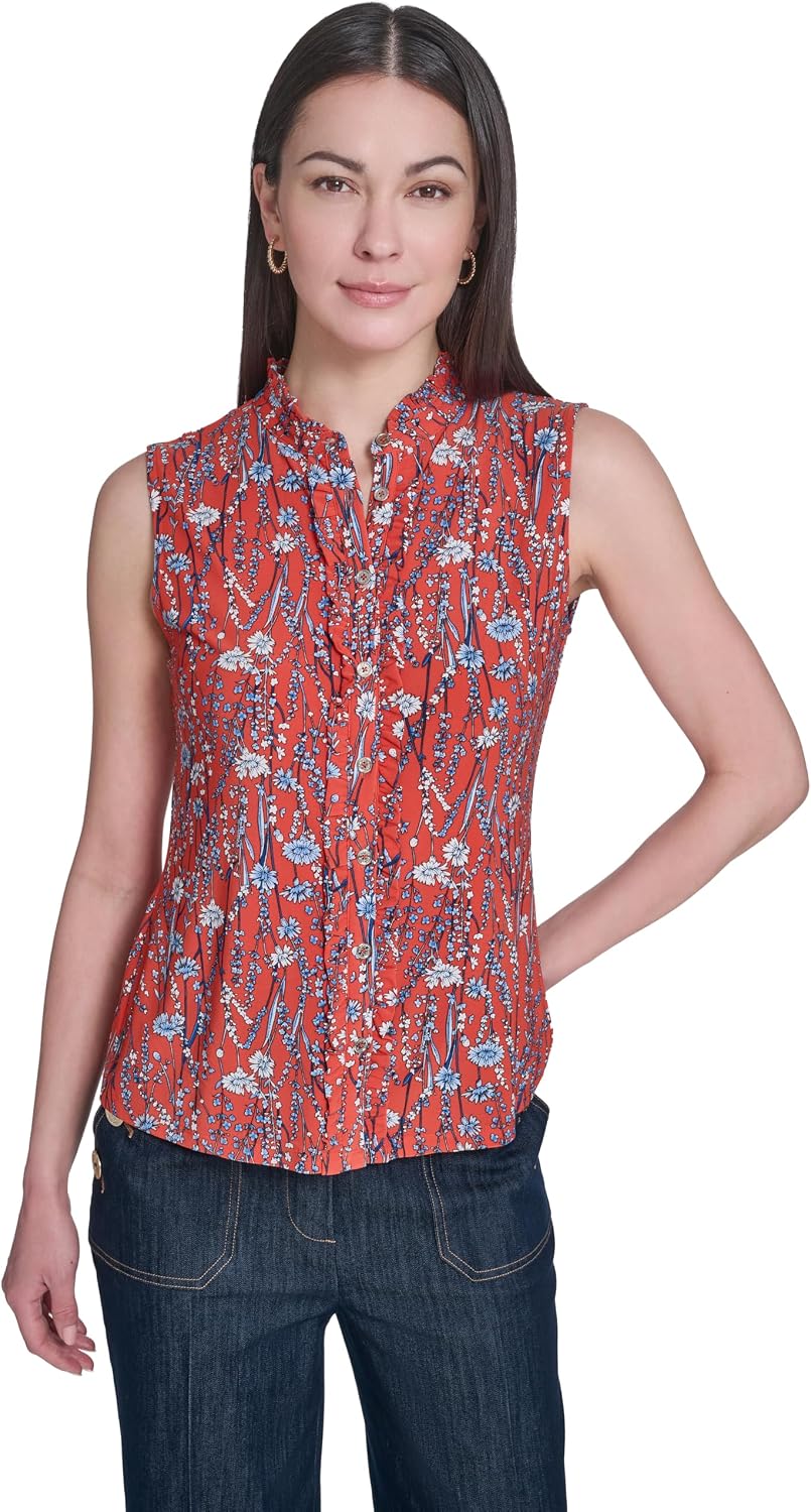 Women's Floral Print Sleeveless Button Up Shirt, Red