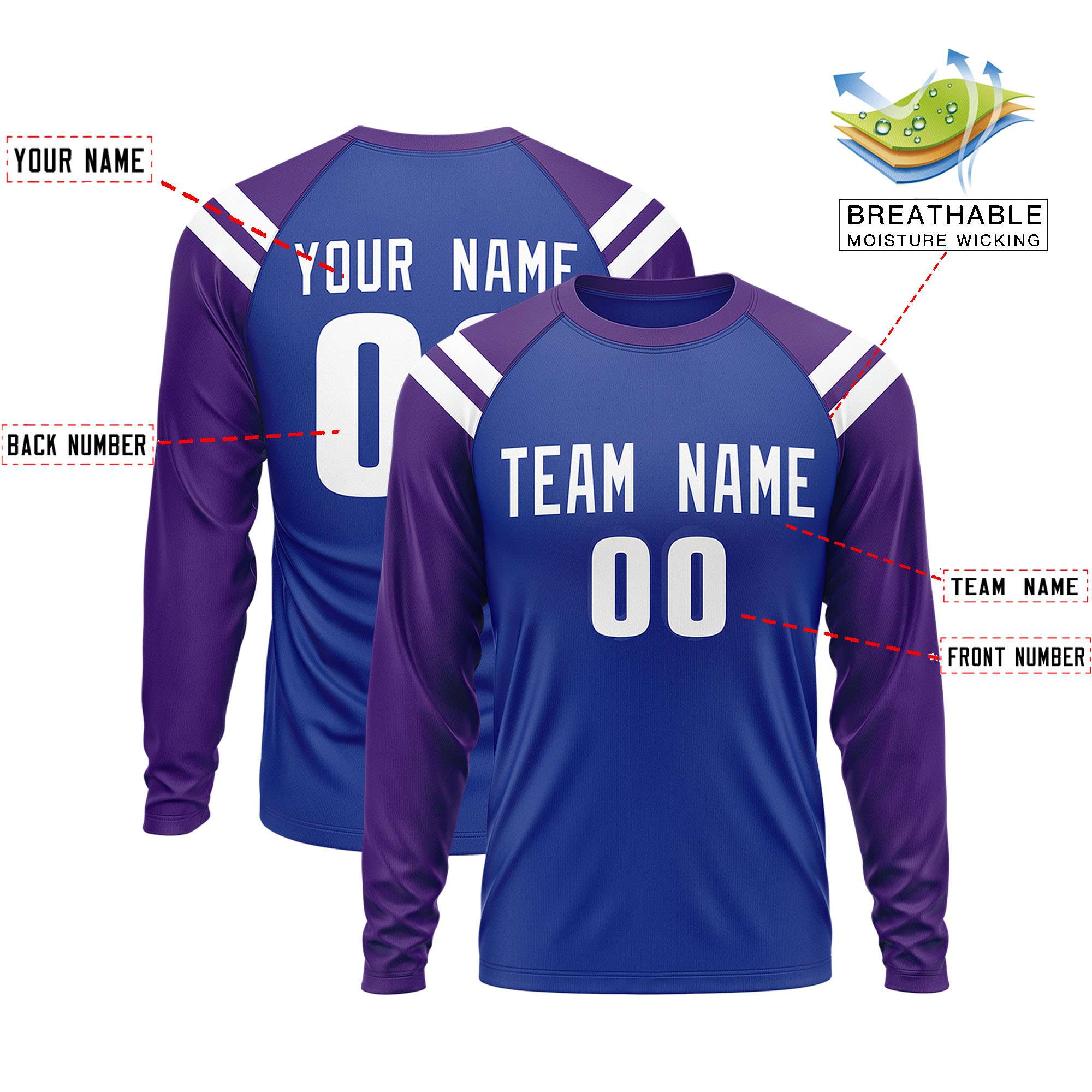 Personalisiertes Raglan-Langarm-Performance-T-Shirt mit individuellem Rundhalsausschnitt
