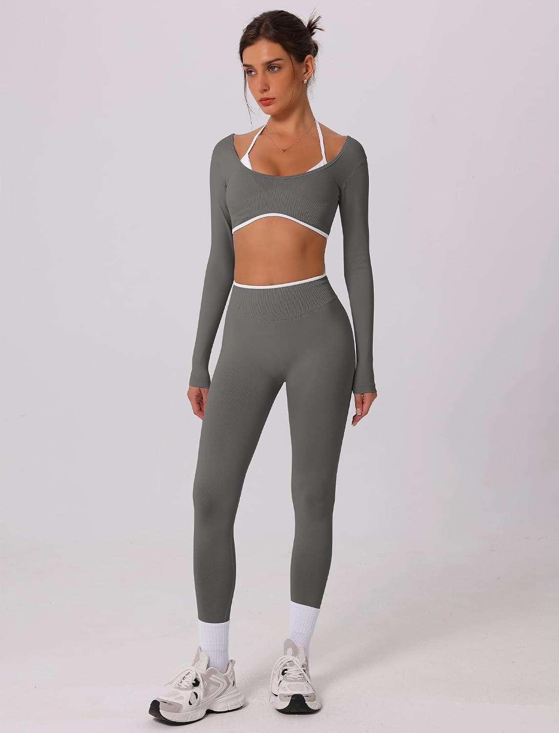 2 Piece Workout Sets for Women Contrast Panel Long Sleeve Halter Crop Top and High Waist Leggings Jogger Outfits