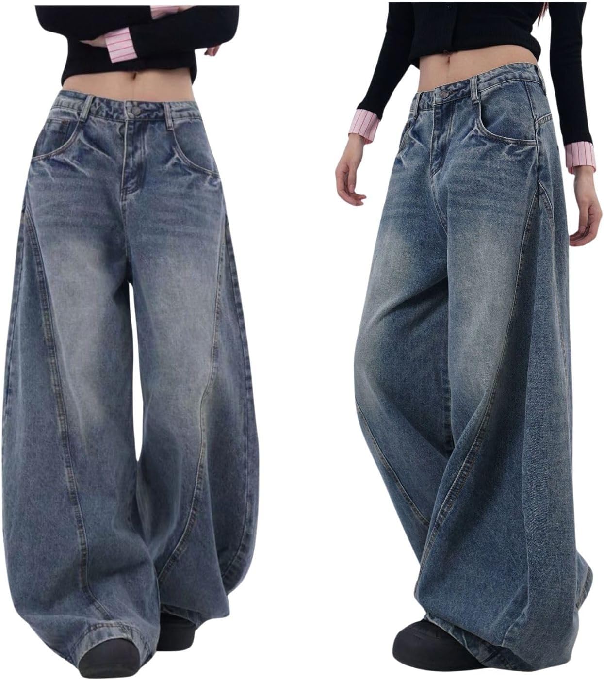 Women's Low Rise Baggy Barrel Jeans Mid Wash