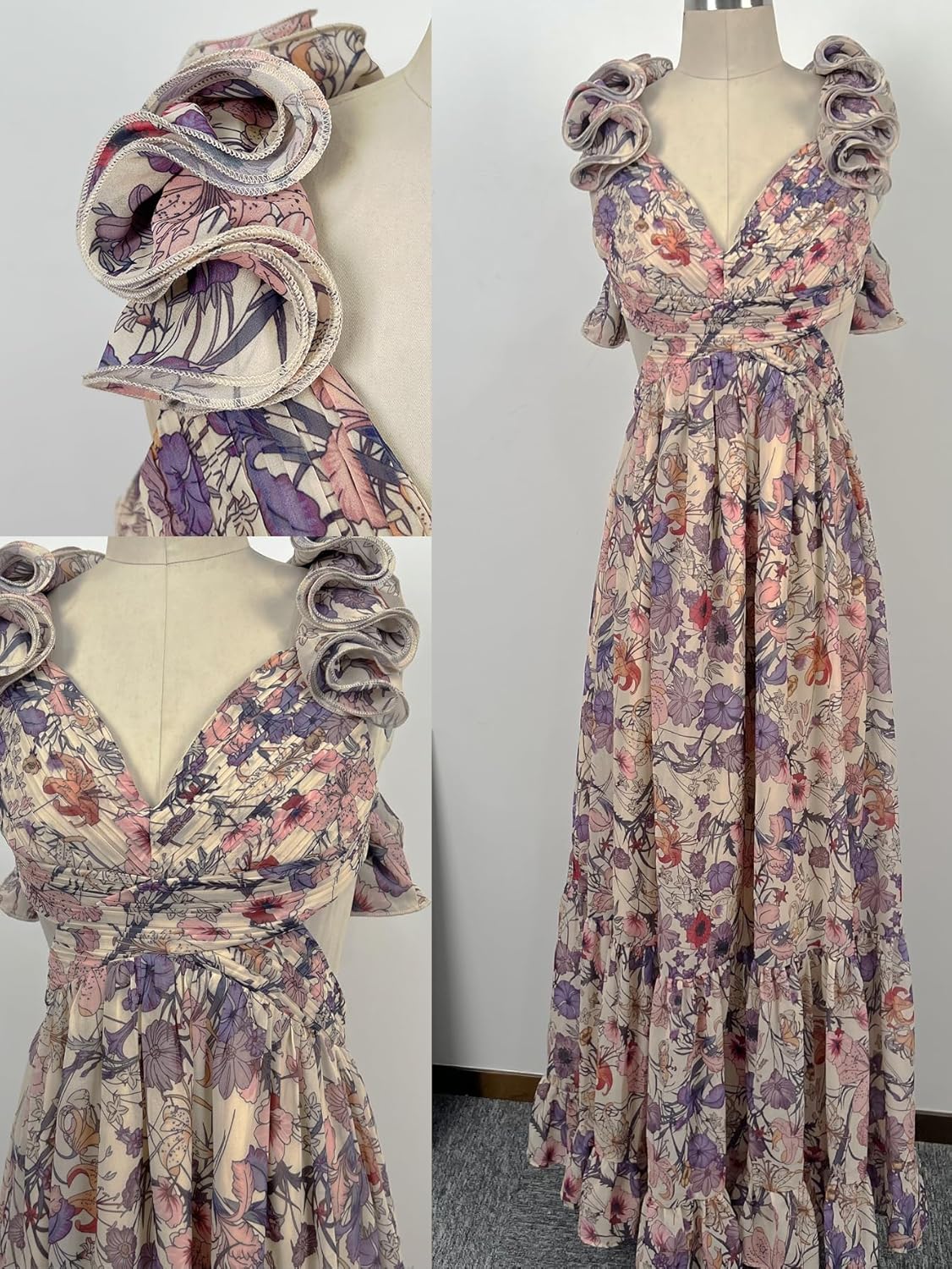 Women's Summer Floral Print Straps Sleeveless V Neck Criss Cross Backless Chiffon Beach Boho Party Long Maxi Dress