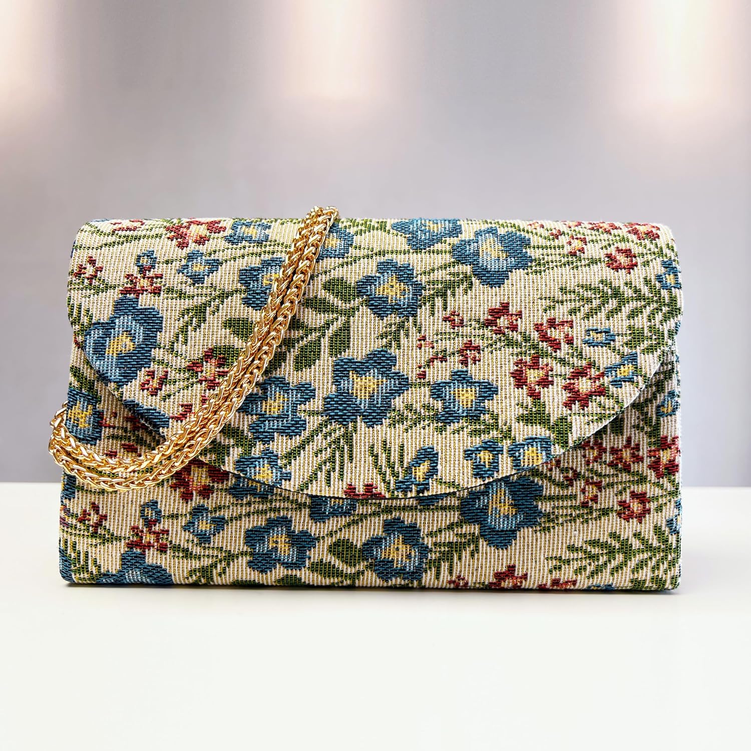 Women's Floral Tapestry Clutch with Gold Chain Strap