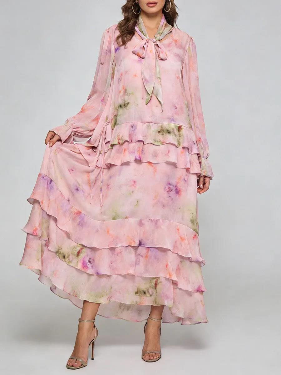 Women's Floral Tie Neck Maxi Dress Long Sleeve Ruffle