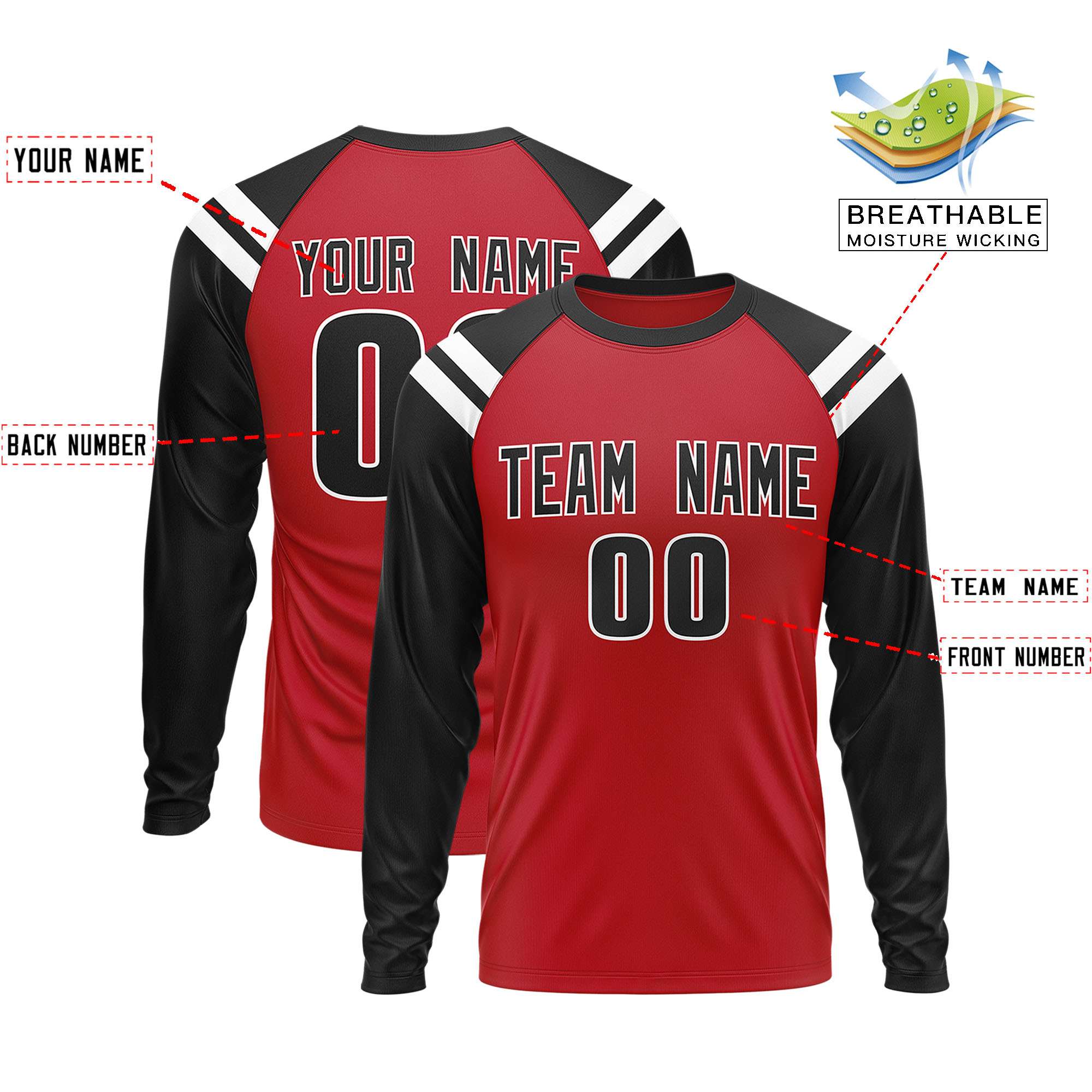 Personalisiertes Raglan-Langarm-Performance-T-Shirt mit individuellem Rundhalsausschnitt
