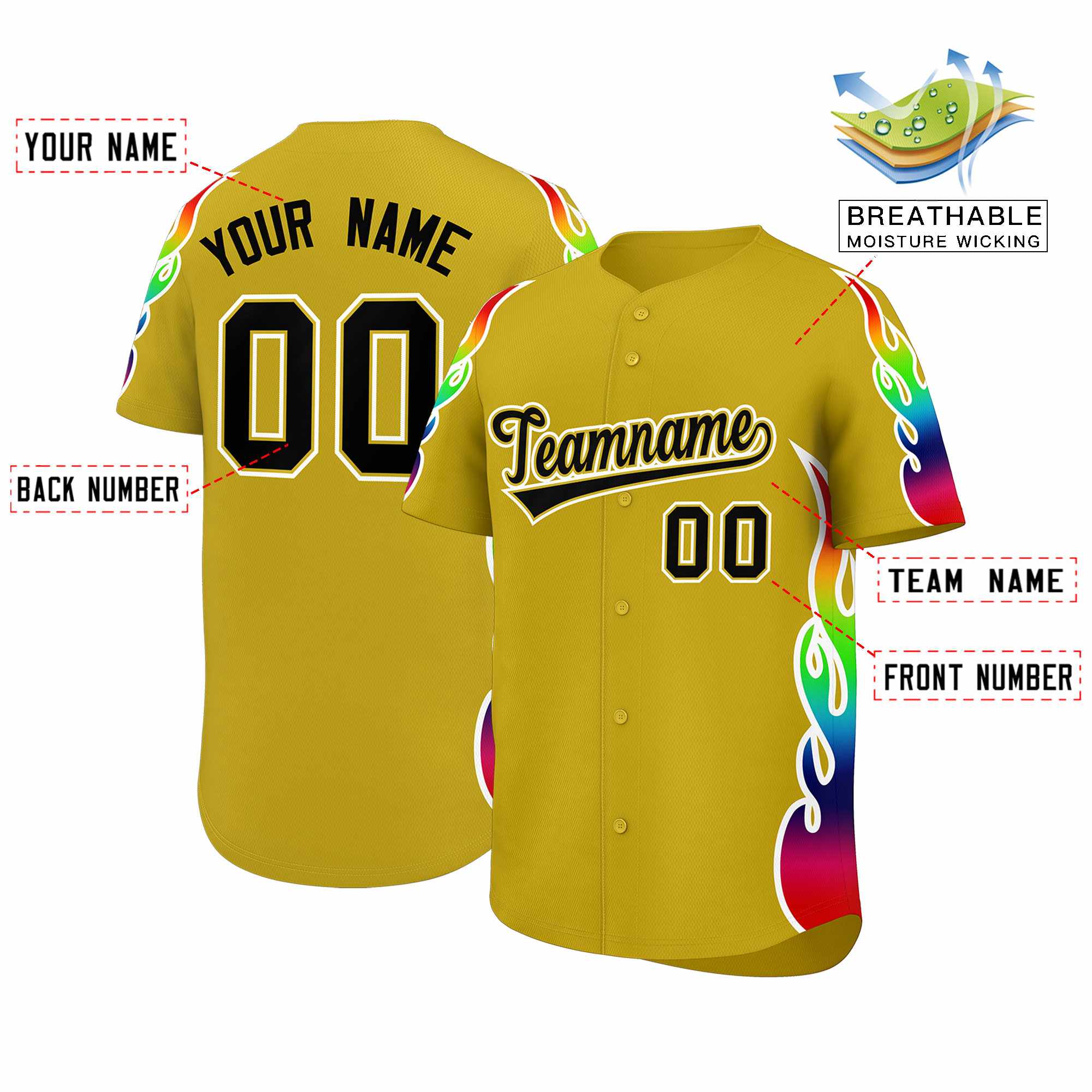 Benutzerdefiniertes Graffiti-Muster, personalisierter mehrfarbiger Flammendruck, authentisches Baseball-Trikot