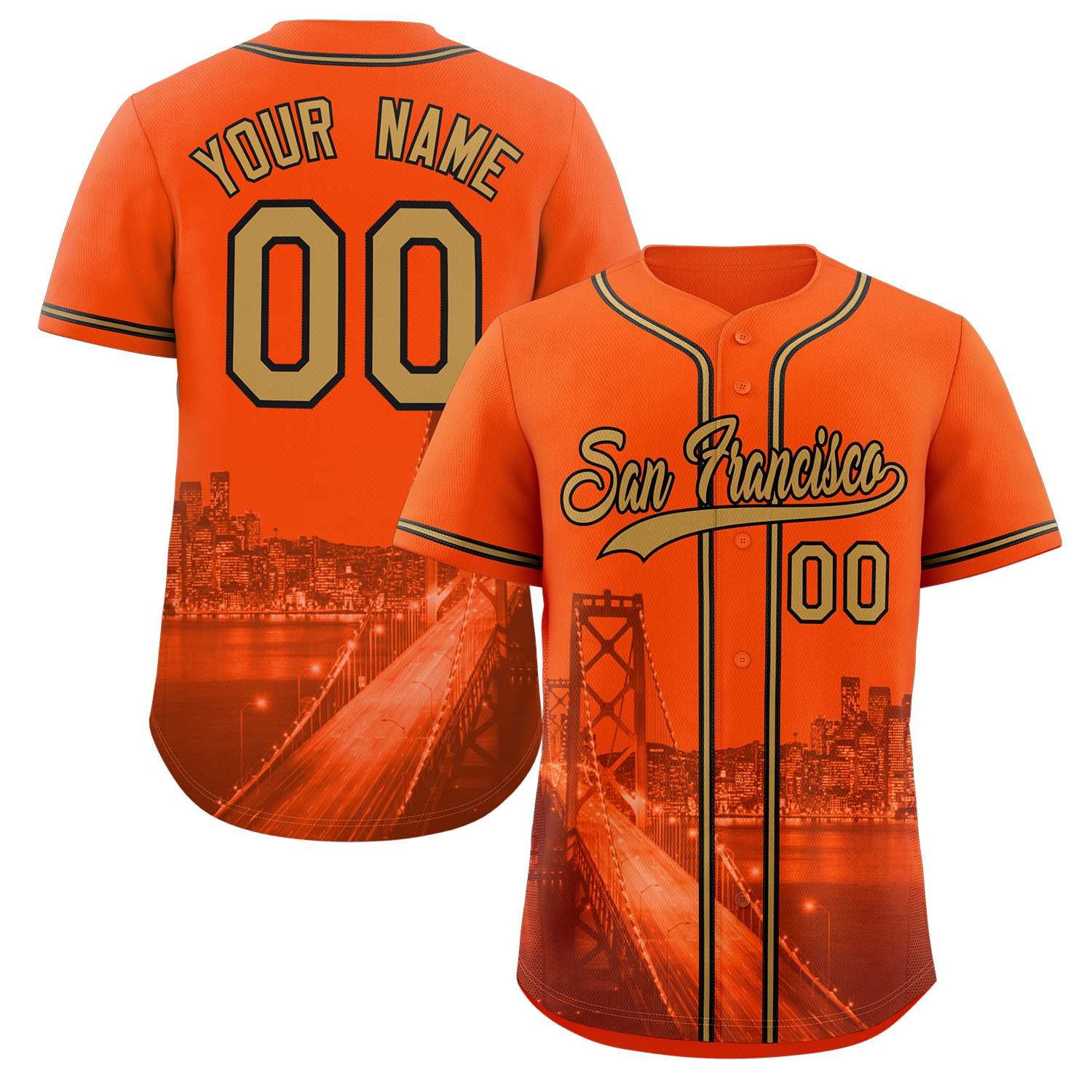 Benutzerdefinierte altgold-schwarze San Francisco City Skyline Baseball-Trikot
